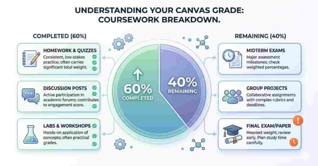 Pie chart showing completed and remaining coursework to understand Canvas grades