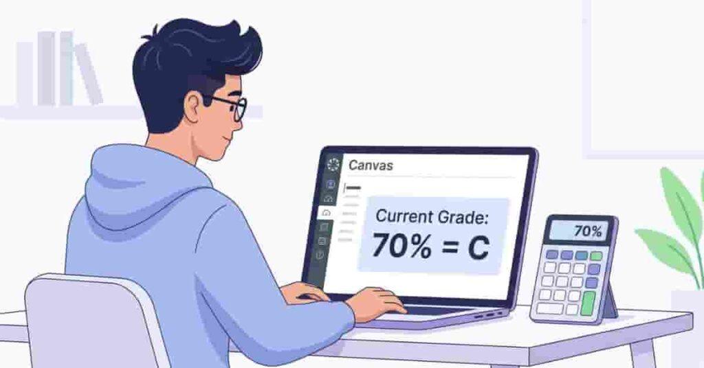 Student checking Canvas gradebook showing 70 percent converted to a C grade with calculator interface