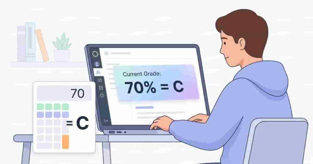 Student checking Canvas gradebook showing 70 percent converted to a C grade with calculator interface