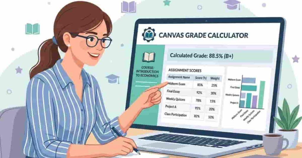 Student using a Canvas grade calculator to track assignment scores and weighted grades for course performance