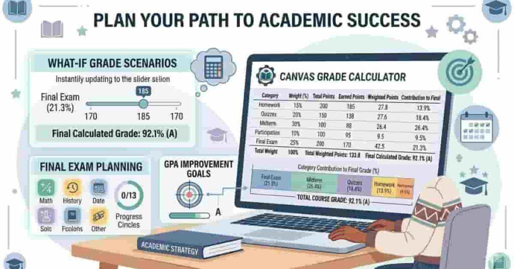 Student using a Canvas grade calculator to plan exams, improve GPA, and test what-if scenarios