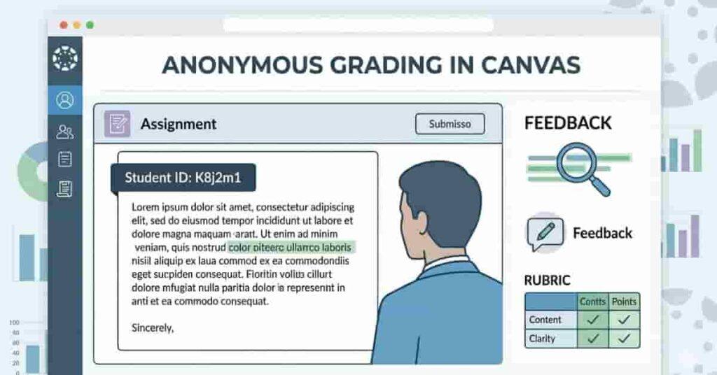 Anonymous grading in Canvas showing student submissions without names, instructor dashboard view, and rubric-based evaluation.