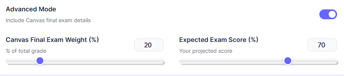 Advanced mode with final exam details in Canvas calculator