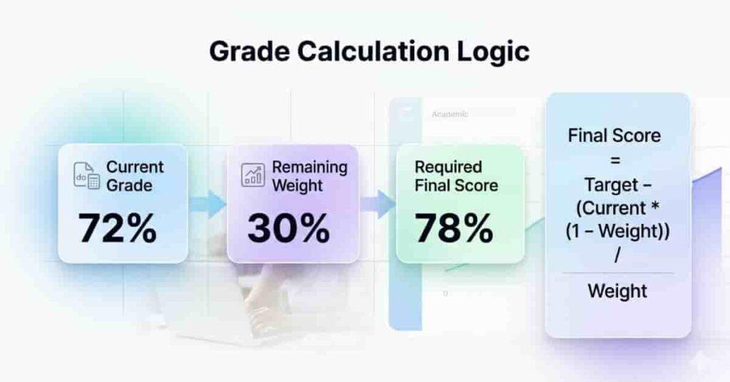 Simple formula diagram showing how current grade and remaining weight determine required final score in Canvas