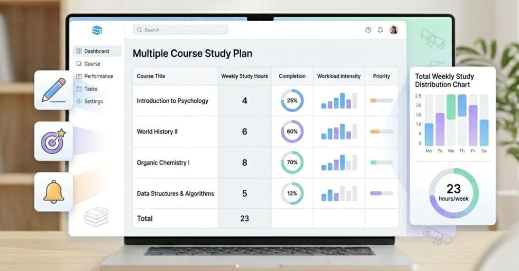 multi course canvas study schedule showing weekly study time distribution across subjects