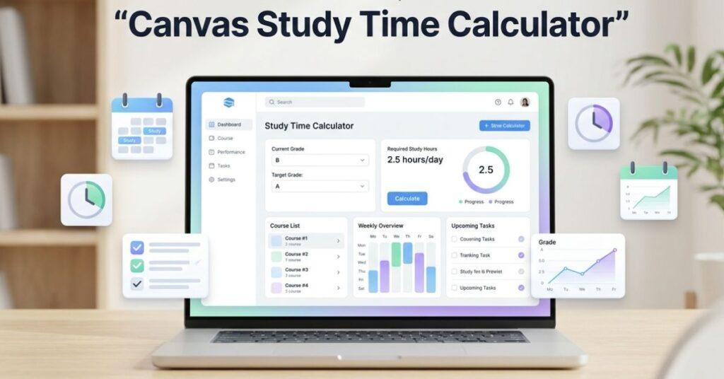 canvas study time calculator dashboard on laptop showing study planning and grade tracking system for students
