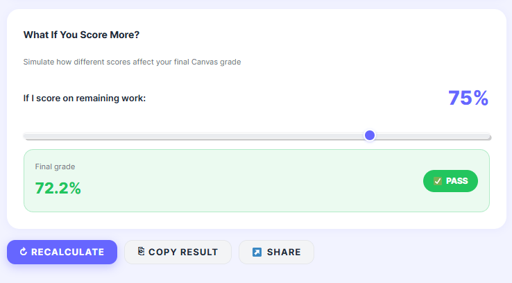 What-if scenario simulation in Canvas pass/fail calculator