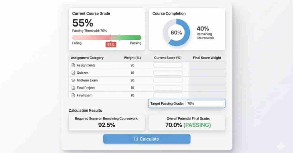 Canvas calculator showing minimum scores needed to pass a course.