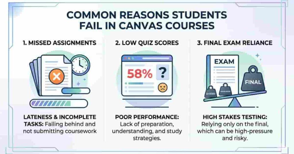 Chart showing missed assignments, low quiz scores, and final exam reliance as main reasons for failing Canvas courses.