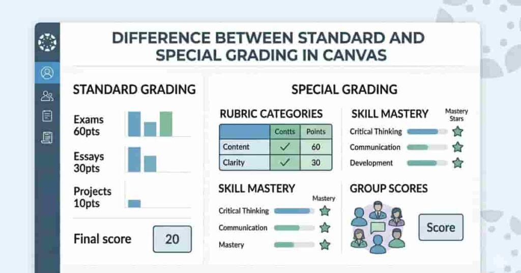 Comparison of standard grading and special grading in Canvas showing points vs rubrics, skill mastery, and group scores for students.