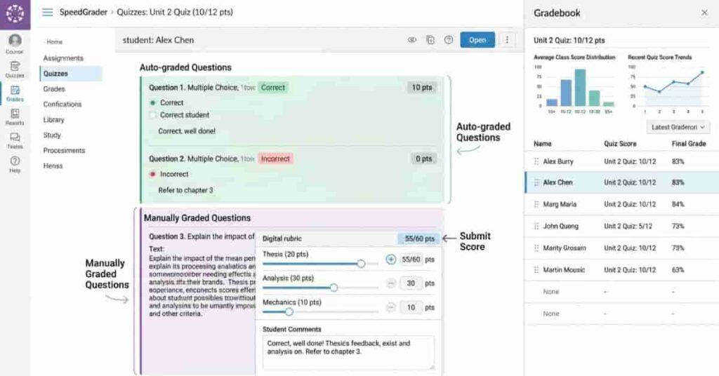 Canvas LMS quiz grading interface showing automated and manual scoring with performance indicators