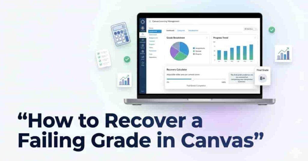 Hero image for Canvas grade recovery blog showing a laptop with a recovery calculator and charts, with blog title below.