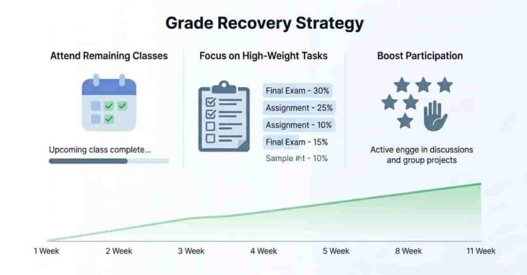 Grade improvement strategy infographic showing how to recover performance despite low attendance