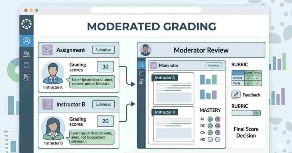 Moderated grading in Canvas showing multiple instructors reviewing assignments with a moderator finalizing grades for fairness.