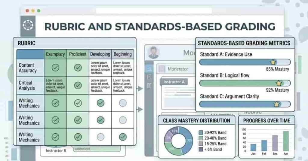 Canvas rubric and standards-based grading infographic showing criteria, performance levels, and skill mastery for assignments.