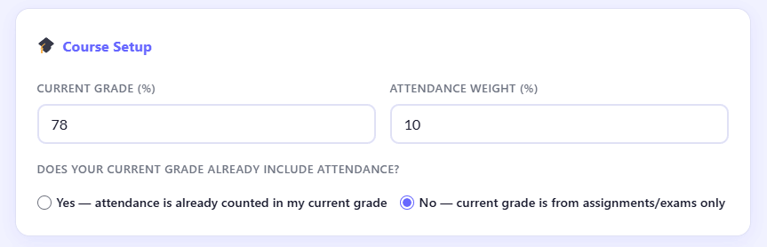 Entering course details in Canvas attendance impact calculator including grade and attendance weight settings