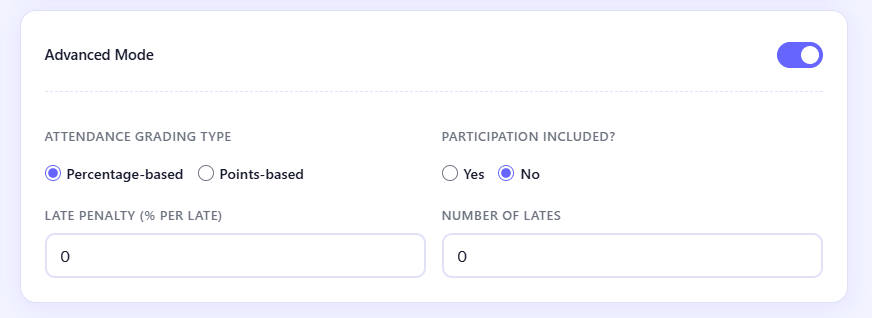 Advanced settings section of Canvas attendance calculator with grading type and participation options