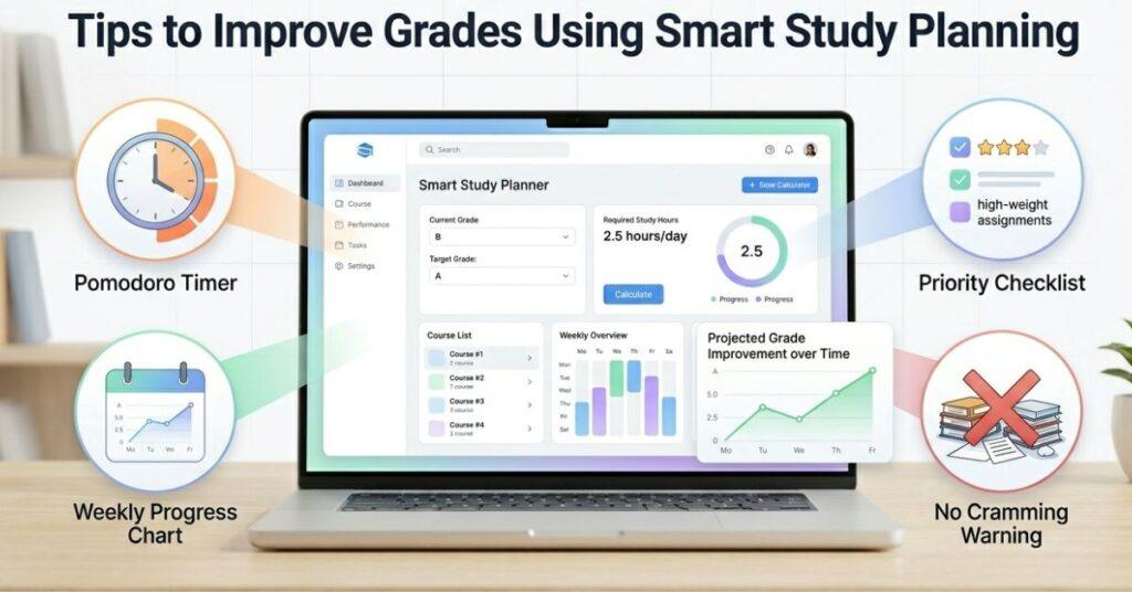 smart study planning tips showing pomodoro technique priority tasks and weekly progress tracking