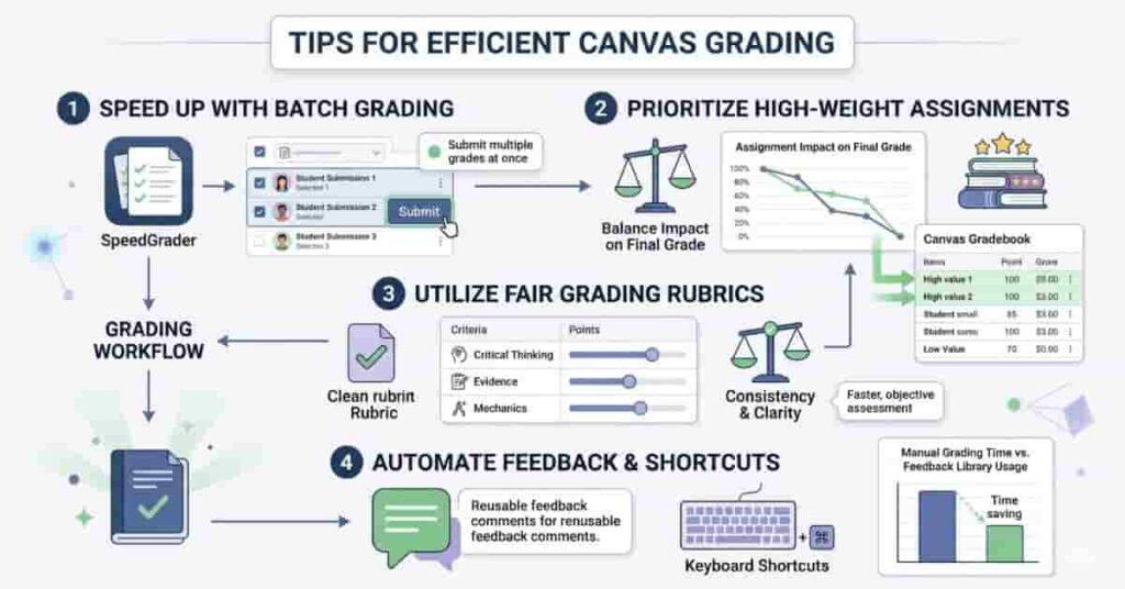 Canvas LMS grading efficiency infographic showing batch grading, high-weight assignments, and fair rubric scoring