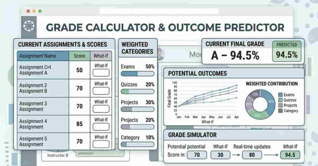 Canvas grade calculator dashboard showing assignment scores, weights, predicted grades, and visual charts for tracking performance.