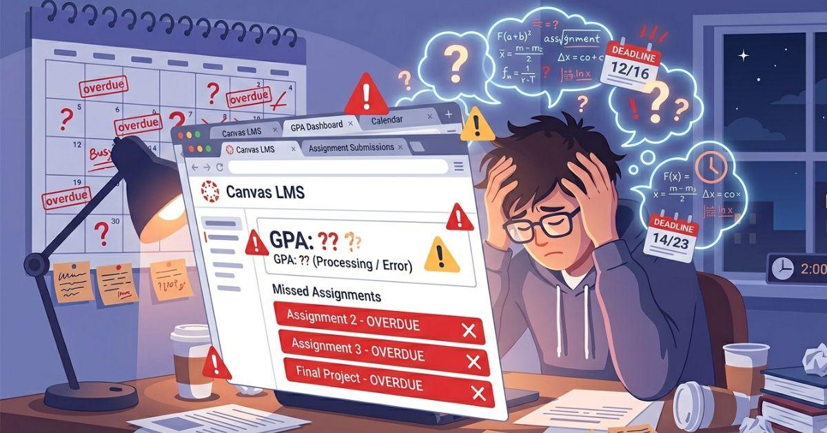 College student stressed about GPA tracking assignments and academic deadlines