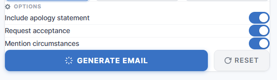 Late assignment email generator options including apology statement and acceptance request