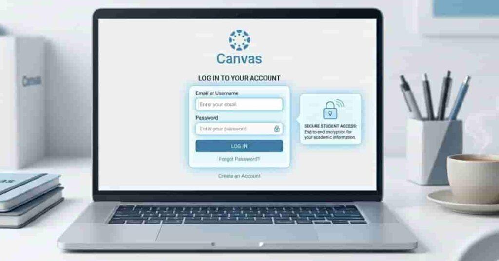Canvas login screen showing student sign-in interface on laptop