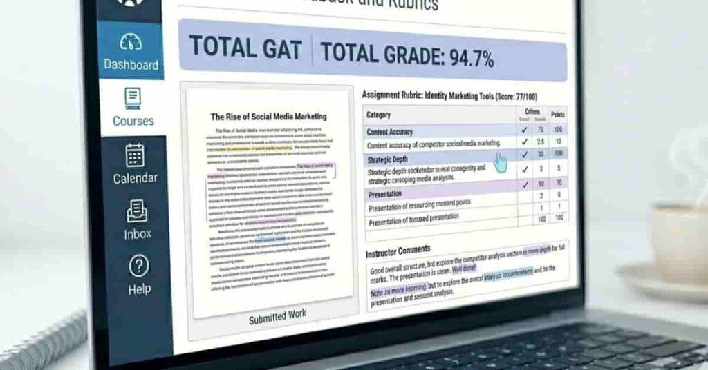 Canvas assignment feedback page showing rubric scores and instructor comments

