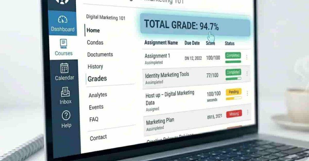 Canvas gradebook showing assignment scores, status labels, and total course grade