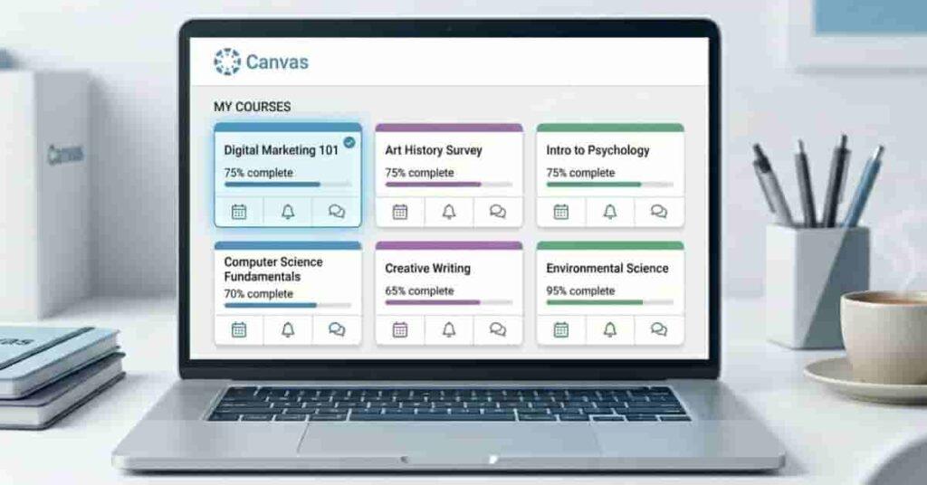 Canvas course dashboard showing multiple classes with progress cards and navigation options
