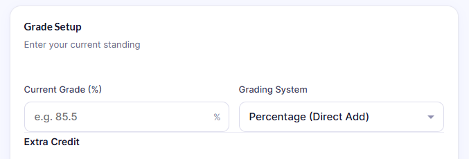 Step 1 Canvas LMS grade setup showing current course percentage and grading system input for extra credit calculator.
