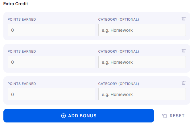 Step 2 entering course details in Canvas Extra Credit Calculator including total points and assignment scores.