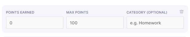 Step 5 advanced weighted category settings in Canvas LMS grade calculator with max points and percentage weights.