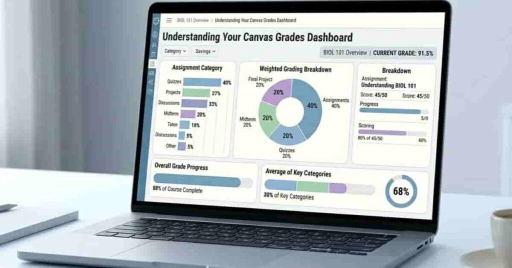 Canvas grades dashboard showing charts for weighted categories and student performance