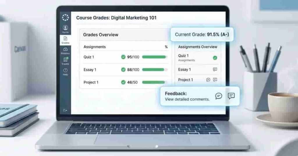 Canvas grades dashboard shown on laptop in a modern student workspace for checking academic performance
