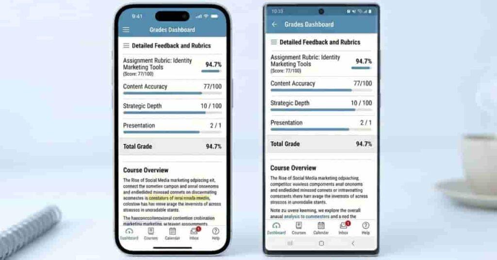 Canvas mobile app showing grades dashboard with assignments and scores on smartphone