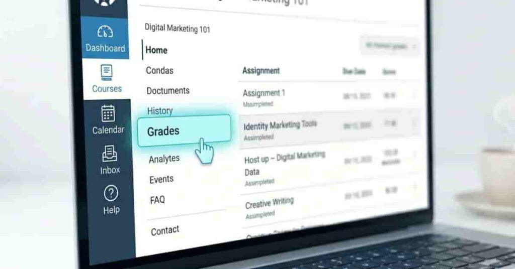 Canvas course menu highlighting Grades tab selection in LMS interface
