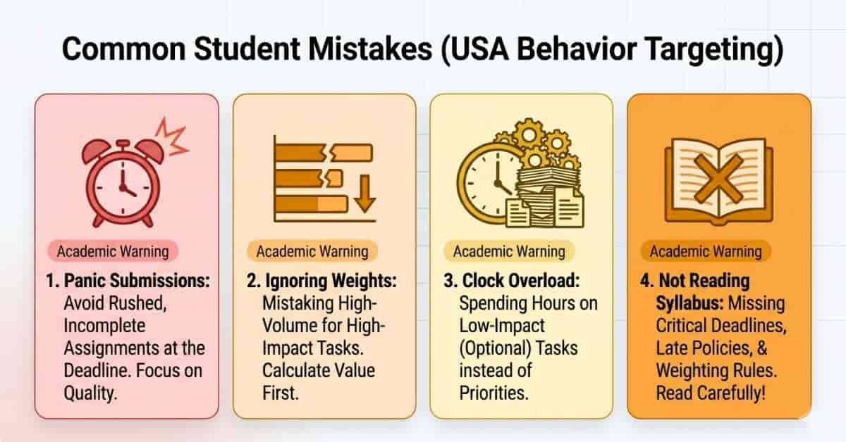 Common mistakes students make in Canvas LMS grade recovery including panic submissions and ignoring weighted grades