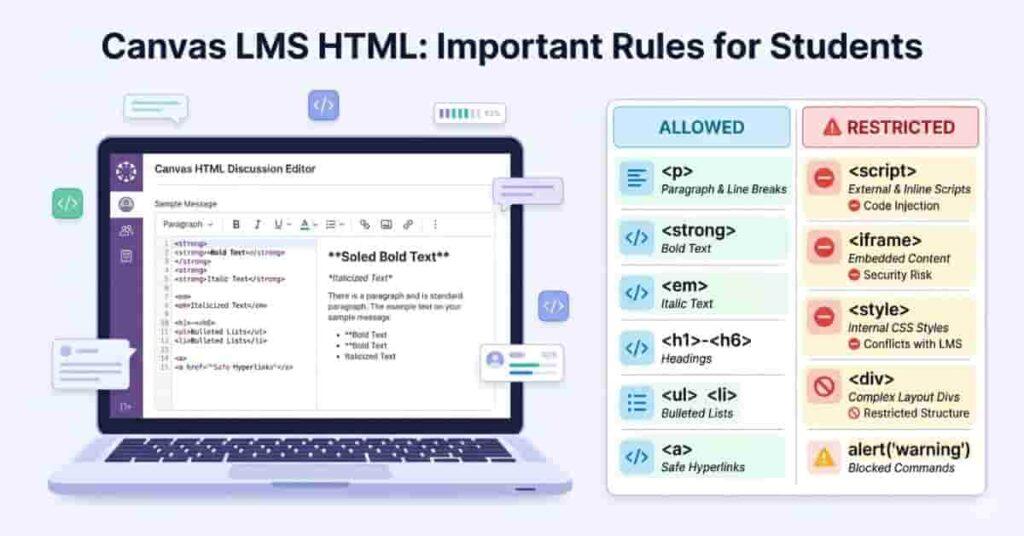 Canvas LMS HTML support infographic showing allowed and restricted HTML formatting for student discussions and assignments