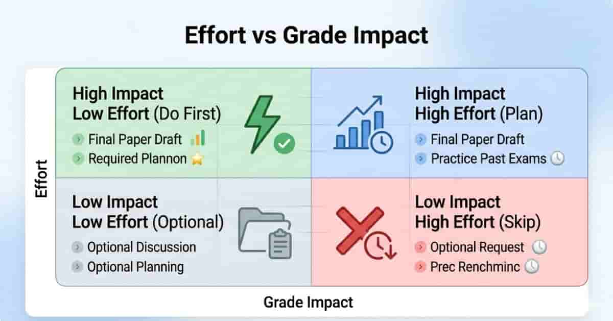 Effort vs grade impact matrix for prioritizing assignments in Canvas LMS grade recovery strategy