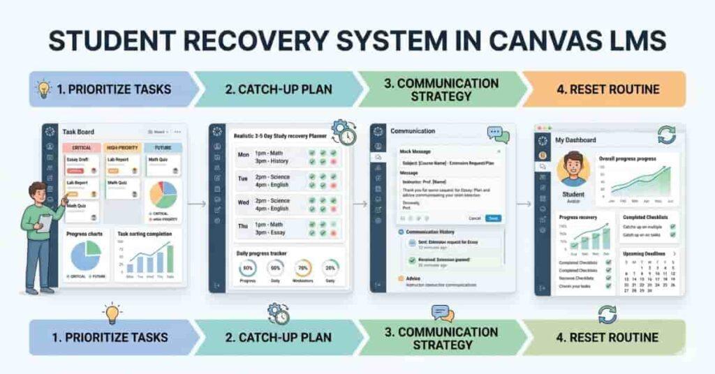 Warning signs of falling behind in Canvas LMS including missed deadlines, overdue assignments, and academic backlog