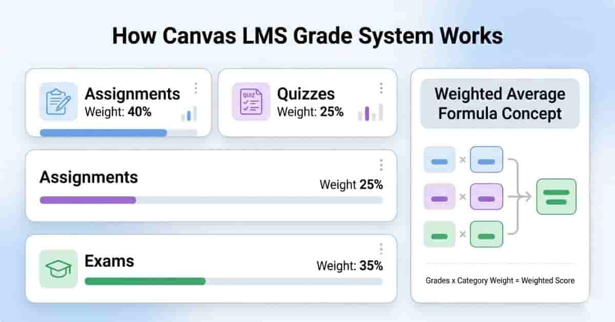 Canvas LMS weighted grading system diagram showing assignments quizzes and exams contribution to final grade