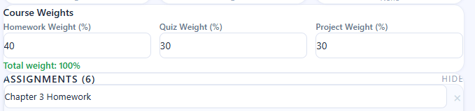 Canvas assignments list showing homework, quizzes, and projects with missing and zero score indicators affecting overall grade impact