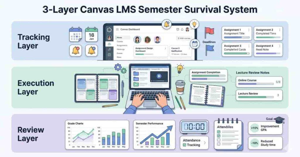 Canvas LMS semester survival system infographic with tracking, execution, and academic review workflow for college students