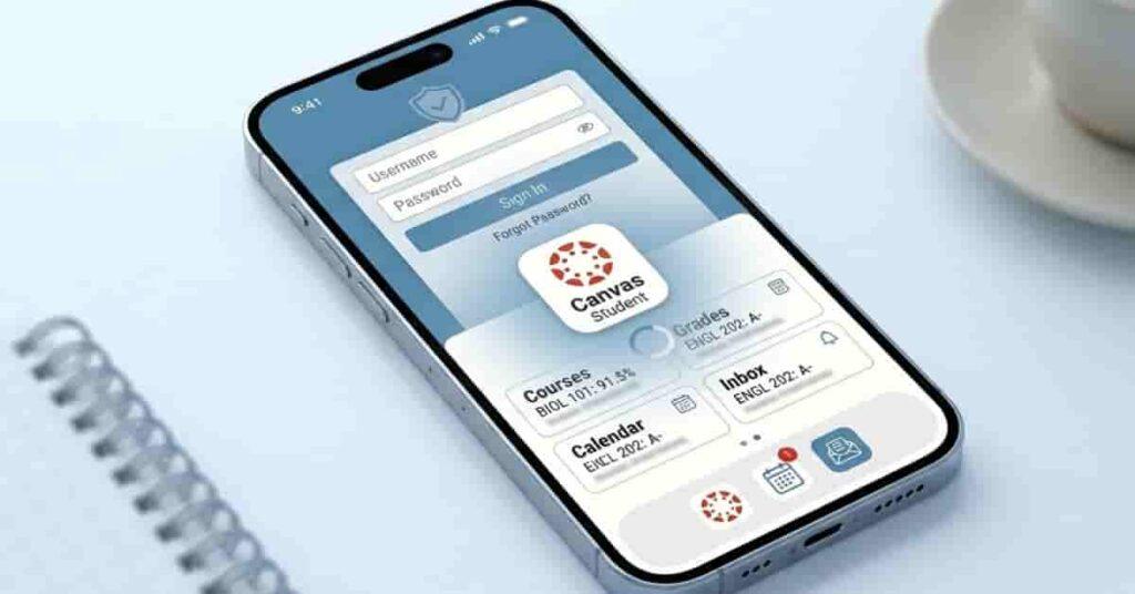 Canvas Student app opening screen showing login and dashboard preview on mobile
