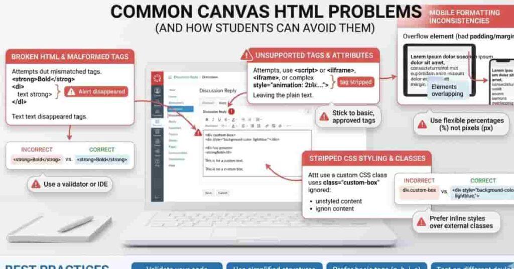 Common Canvas LMS HTML formatting problems including broken code mobile issues and unsupported CSS examples