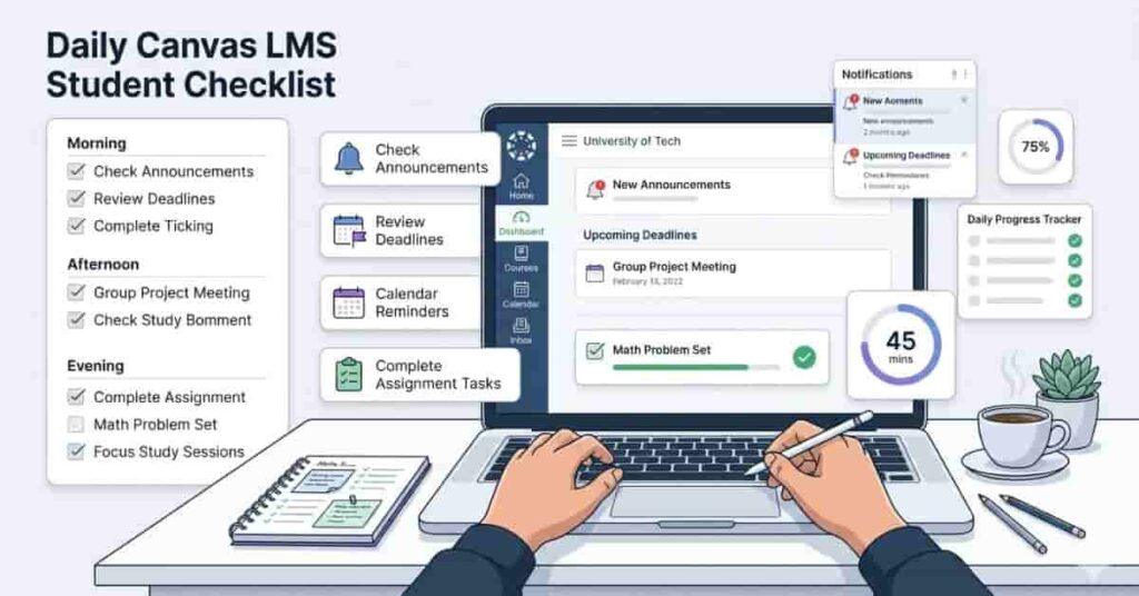 Daily Canvas LMS student checklist showing assignments, deadlines, study routine, and academic task management