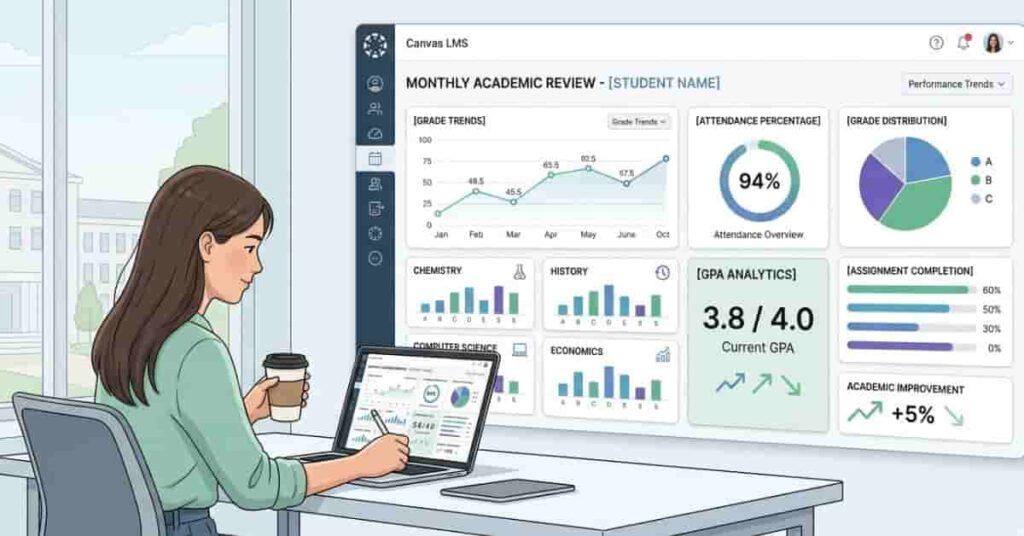 Canvas LMS academic performance dashboard with grade tracking charts and monthly student progress analytics