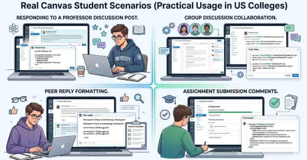 Real Canvas LMS student discussion formatting scenarios in US colleges using HTML templates and structured replies