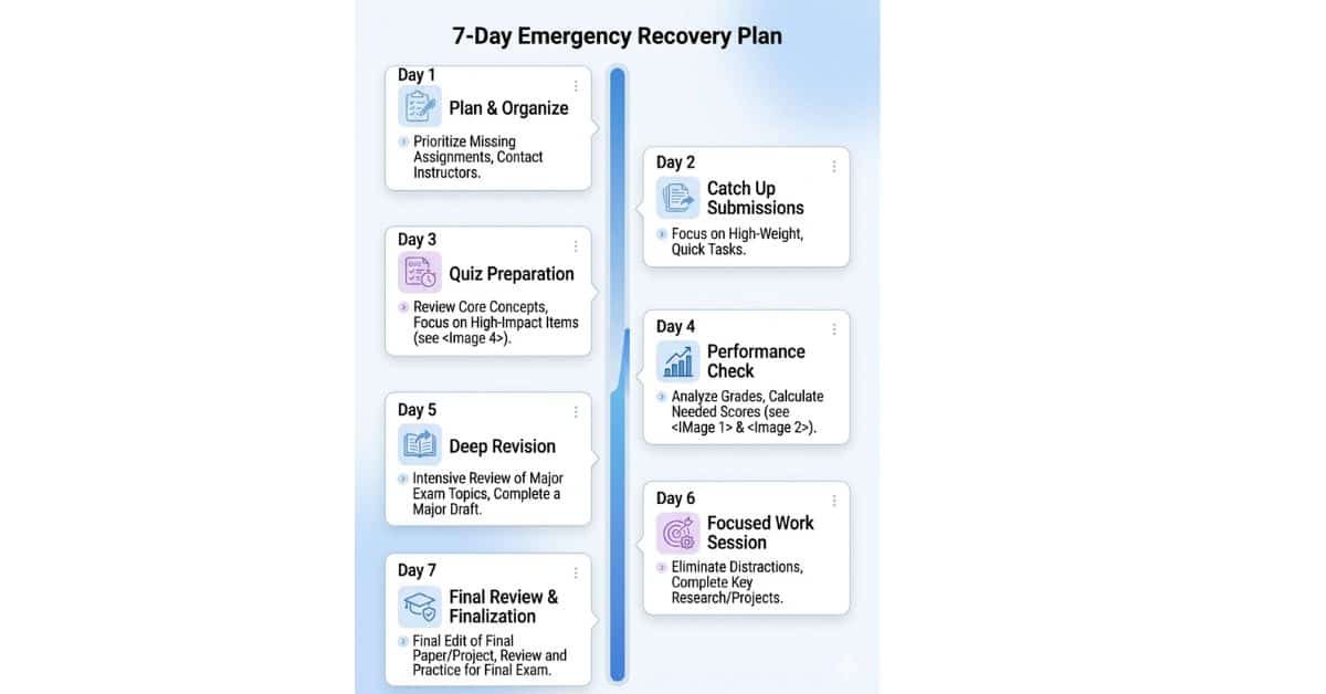 Seven day emergency grade recovery plan timeline for Canvas LMS students showing daily actions